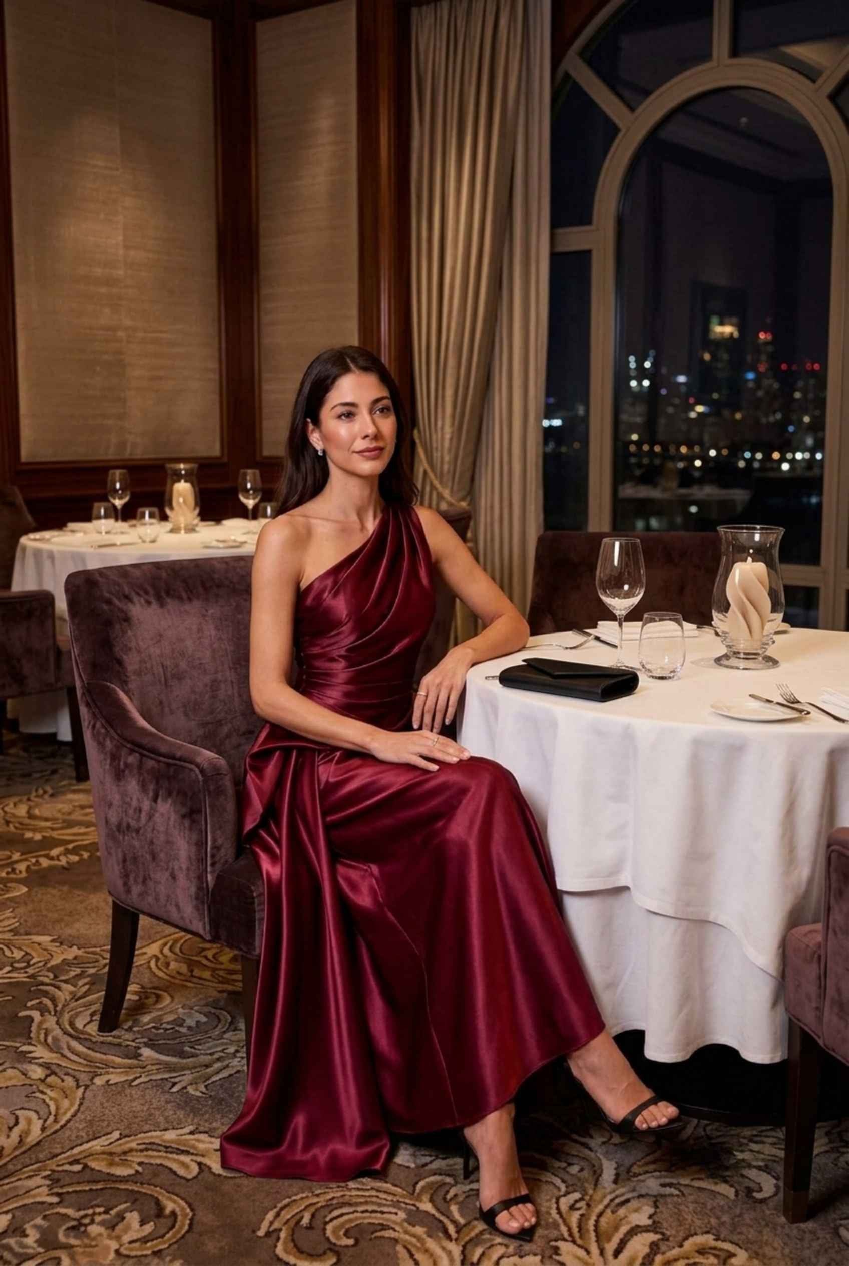 Virtual Model wearing The Cassiopeia Satin Dress Asymmetric One-Shoulder Ruched Wine Satin Gown