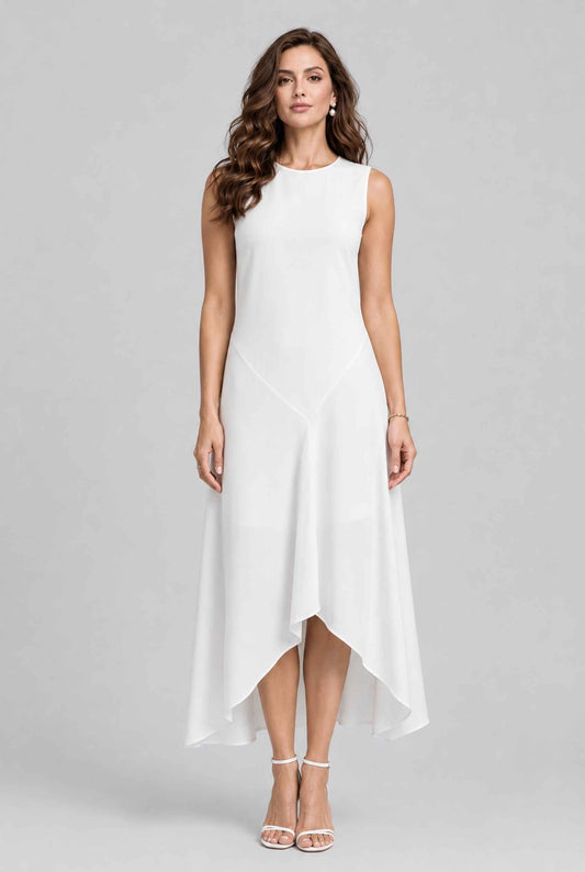 Virtual model wearing The Celestine High-Low Dress Asymmetrical High-Neck Gown in White