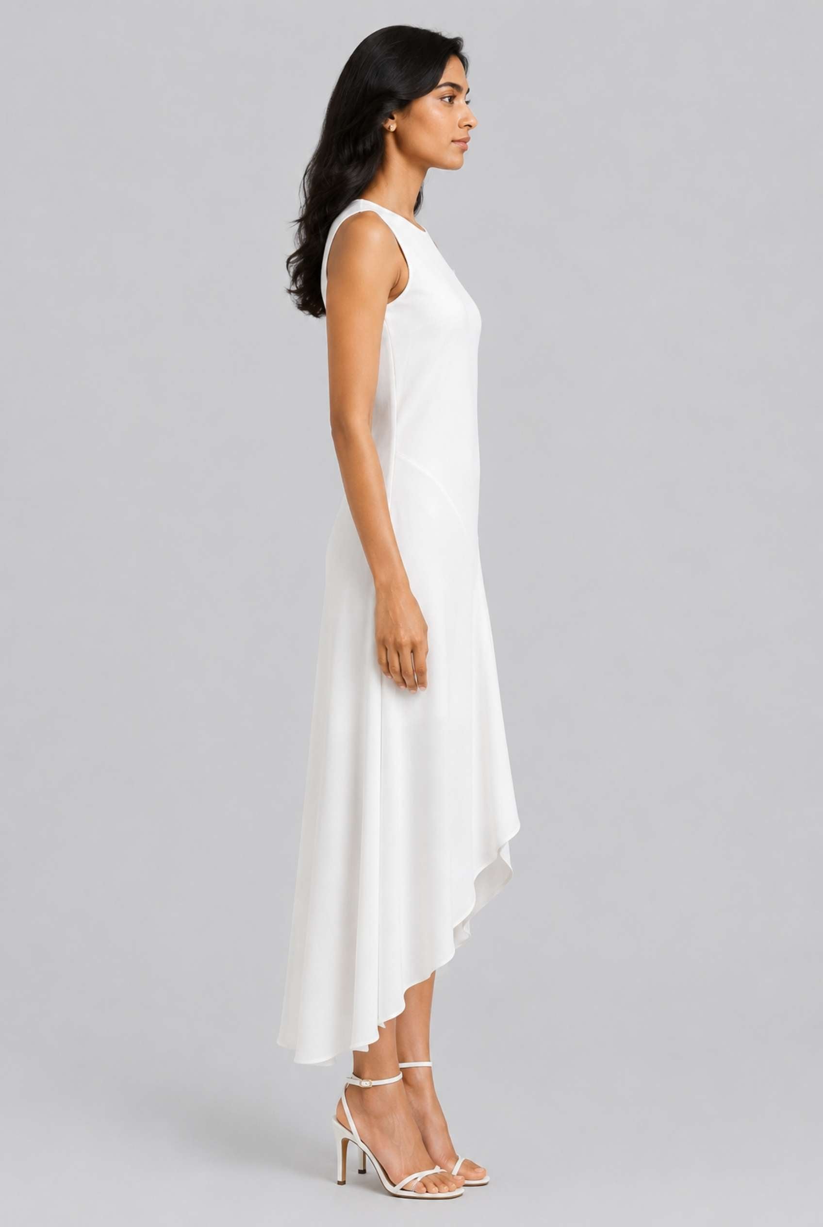 Virtual Model Wearing The Celestine High-Low Dress Asymmetrical Ivory High-Neck Gown