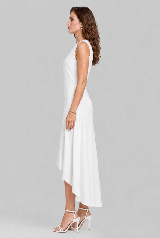 Virtual model wearing The Celestine High-Low Dress Asymmetrical High-Neck Gown in White