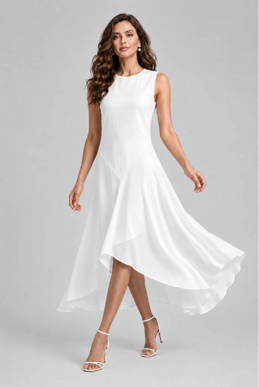 Virtual model wearing The Celestine High-Low Dress Asymmetrical High-Neck Gown in White