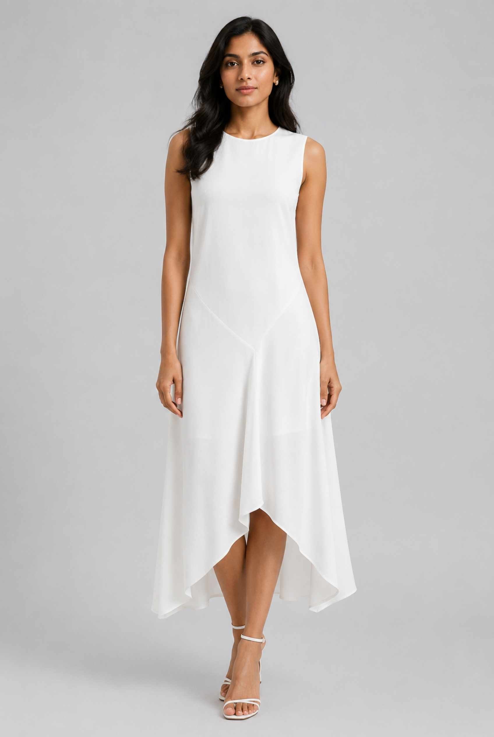 Virtual Model Wearing The Celestine High-Low Dress Asymmetrical Ivory High-Neck Gown