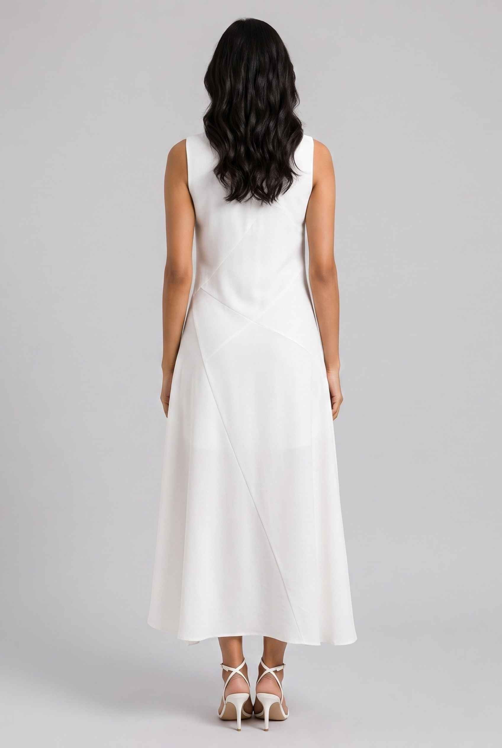 Virtual Model Wearing The Celestine High-Low Dress Asymmetrical Ivory High-Neck Gown