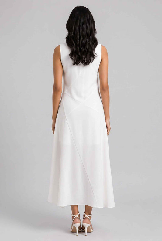 Virtual Model Wearing The Celestine High-Low Dress Asymmetrical Ivory High-Neck Gown