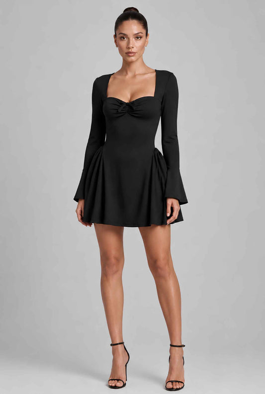 Virtual model wearing The Celina Ruched Bow Mini Dress Long Sleeve Bow Detail Mini Dress in Black