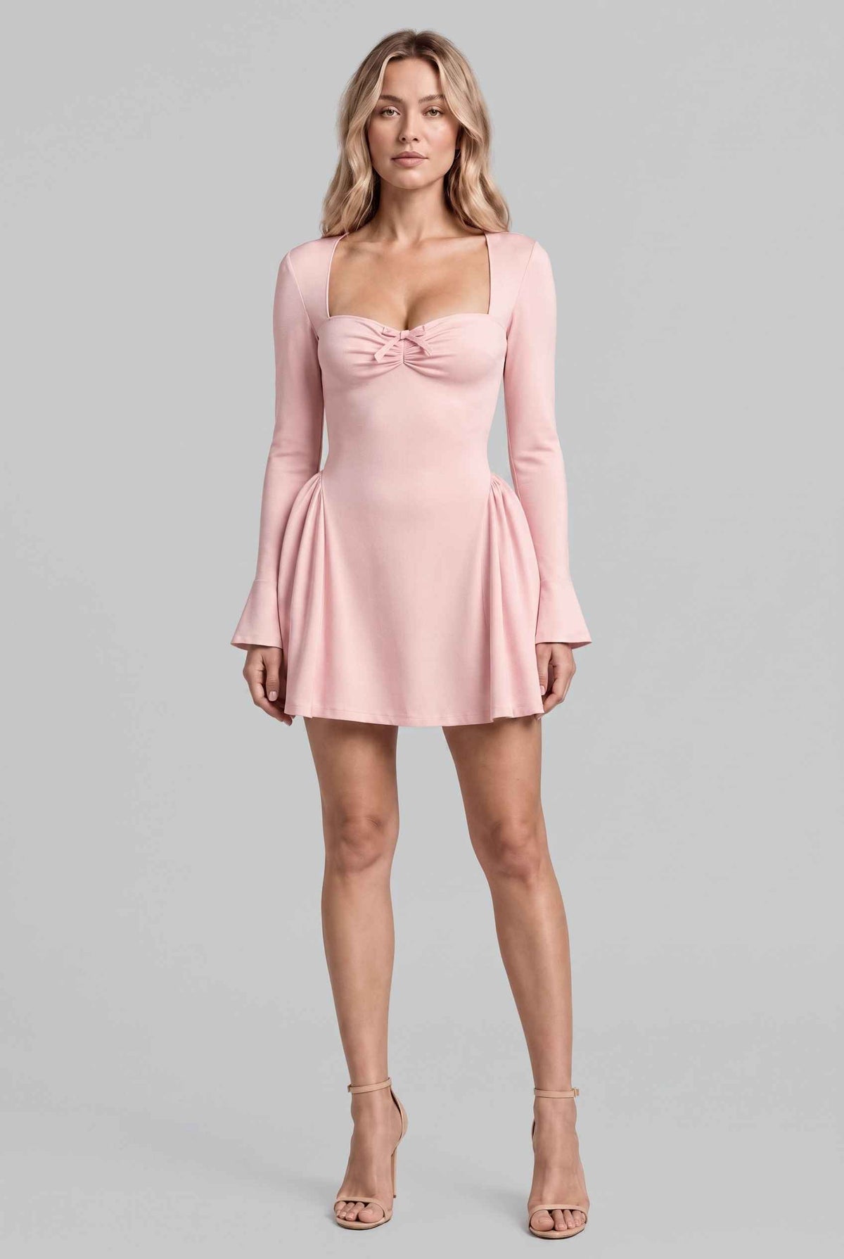 Virtual model wearing The Celina Ruched Bow Mini Dress Long Sleeve Bow Detail Mini Dress in Pink