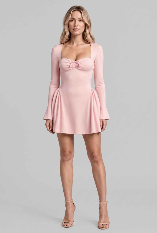Virtual model wearing The Celina Ruched Bow Mini Dress Long Sleeve Bow Detail Mini Dress in Pink
