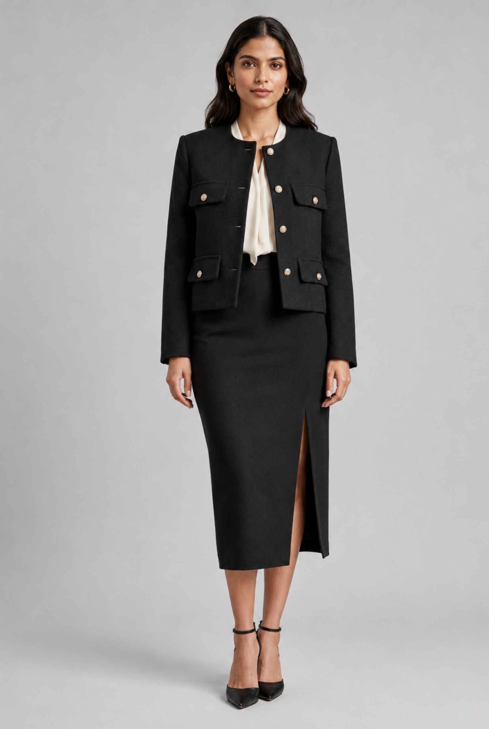 Virtual Model Wearing The Céline Embellished Blazer Collarless Gold Buttoned Black Blazer