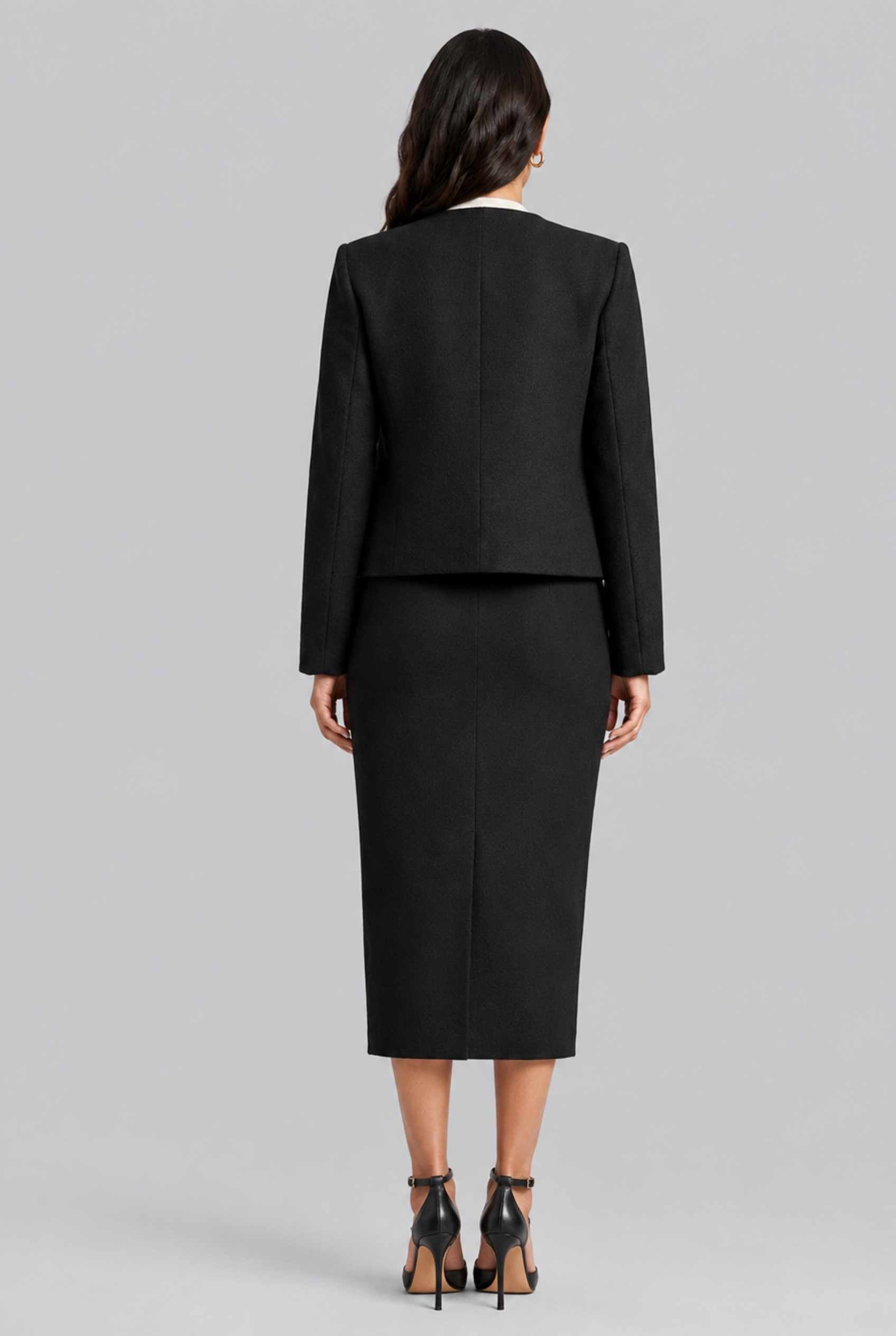 Virtual Model Wearing The Céline Embellished Blazer Collarless Gold Buttoned Black Blazer