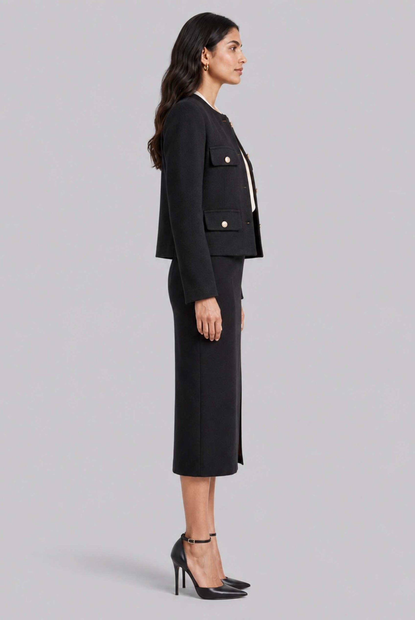 Virtual Model Wearing The Céline Embellished Blazer Collarless Gold Buttoned Black Blazer