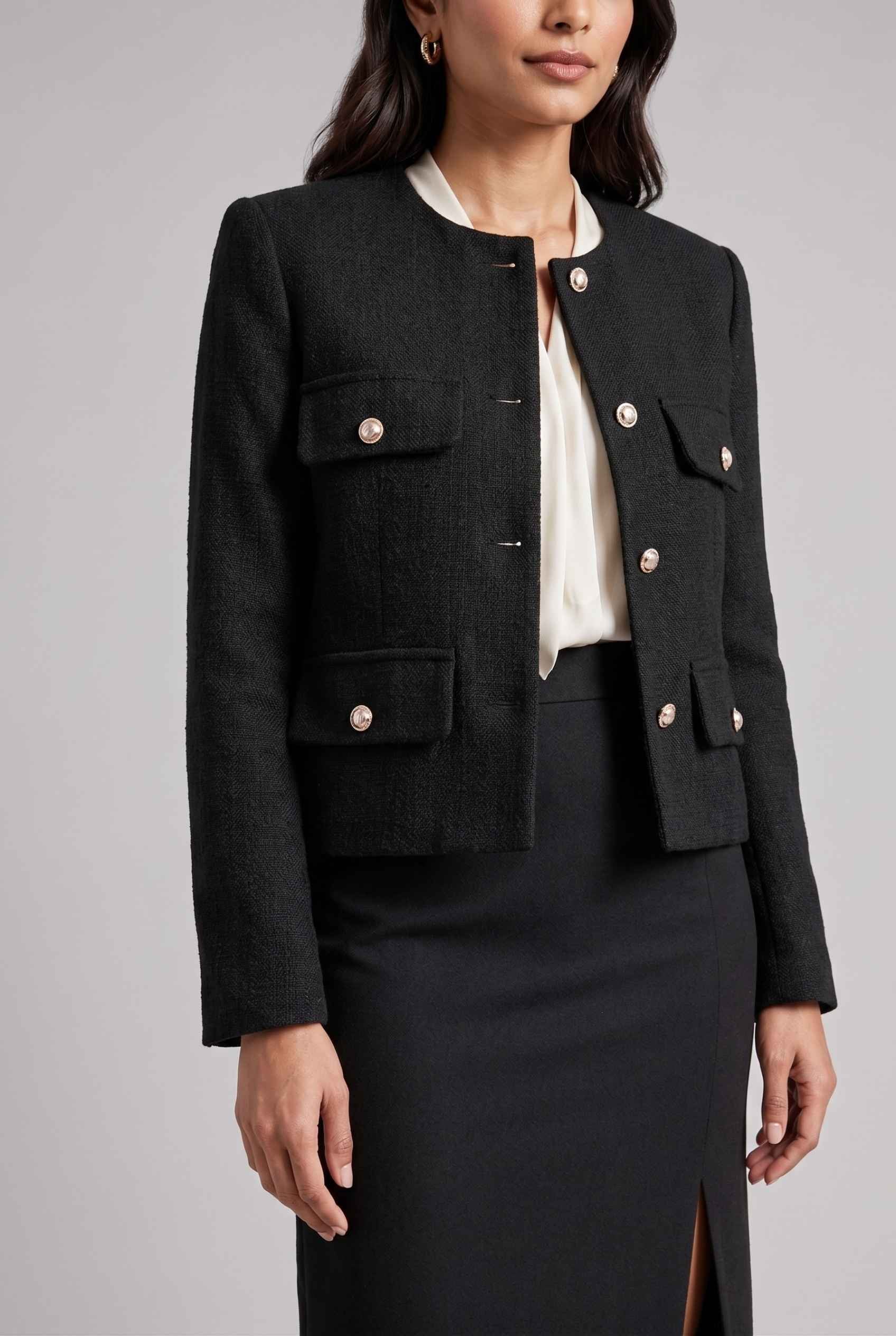 Virtual Model Wearing The Céline Embellished Blazer Collarless Gold Buttoned Black Blazer