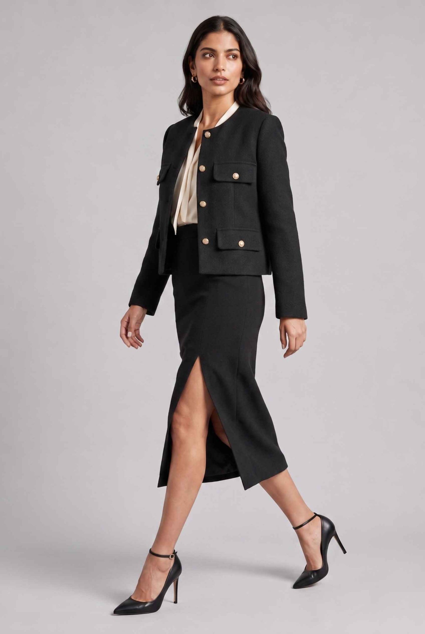 Virtual Model Wearing The Céline Embellished Blazer Collarless Gold Buttoned Black Blazer