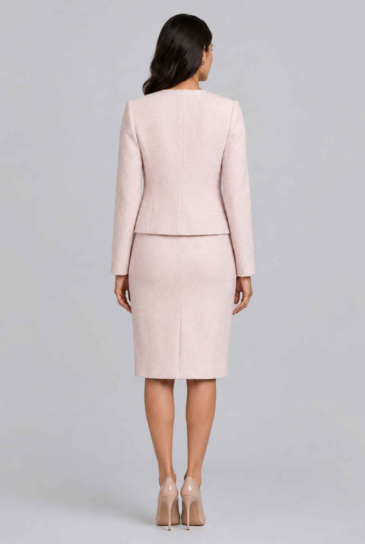 Virtual Model Wearing The Céline Embellished Blazer Collarless Gold Buttoned Blush Blazer