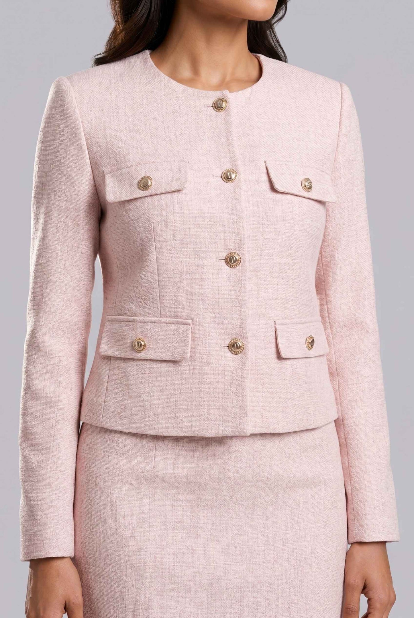 Virtual Model Wearing The Céline Embellished Blazer Collarless Gold Buttoned Blush Blazer