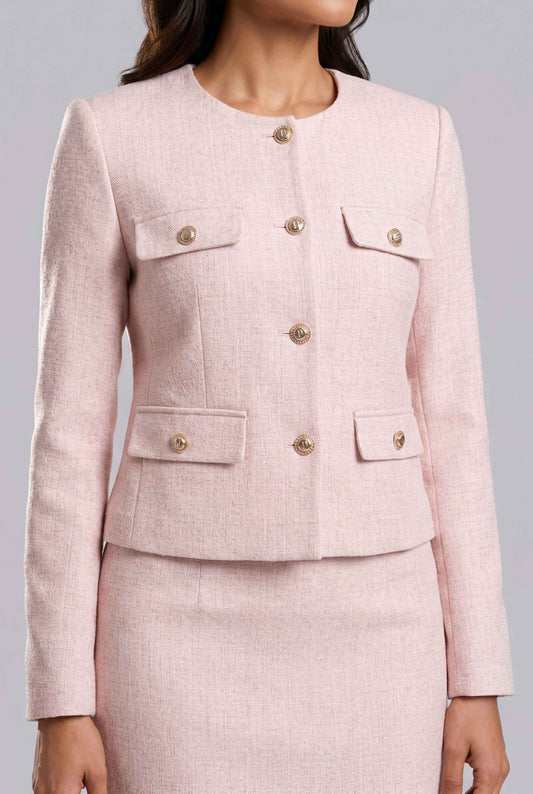 Virtual Model Wearing The Céline Embellished Blazer Collarless Gold Buttoned Blush Blazer