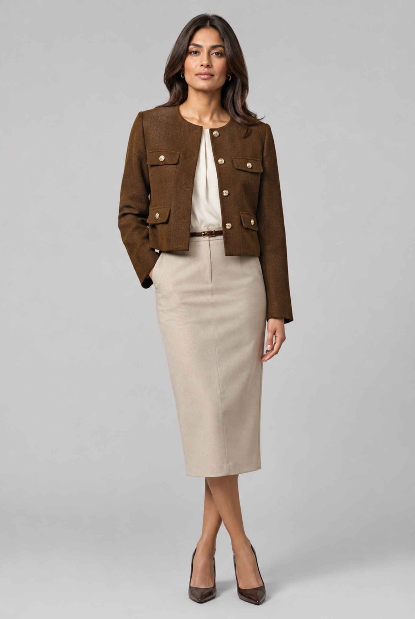 Virtual Model Wearing The Céline Embellished Blazer Collarless Gold Buttoned Brown Blazer