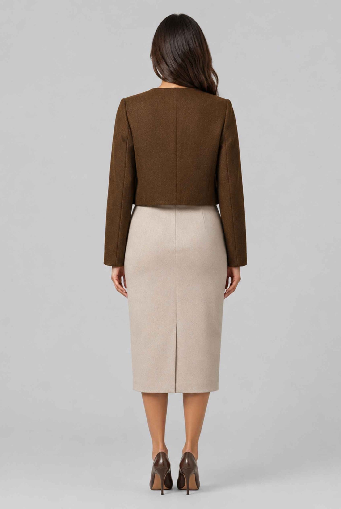 Virtual Model Wearing The Céline Embellished Blazer Collarless Gold Buttoned Brown Blazer