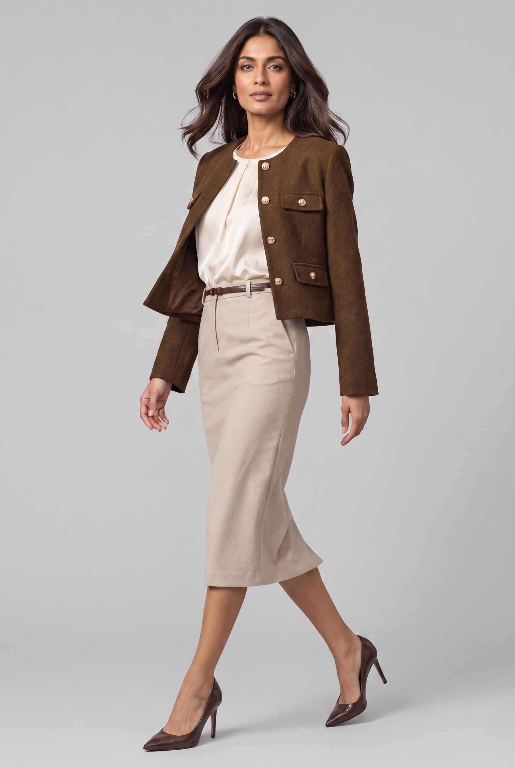 Virtual Model Wearing The Céline Embellished Blazer Collarless Gold Buttoned Brown Blazer