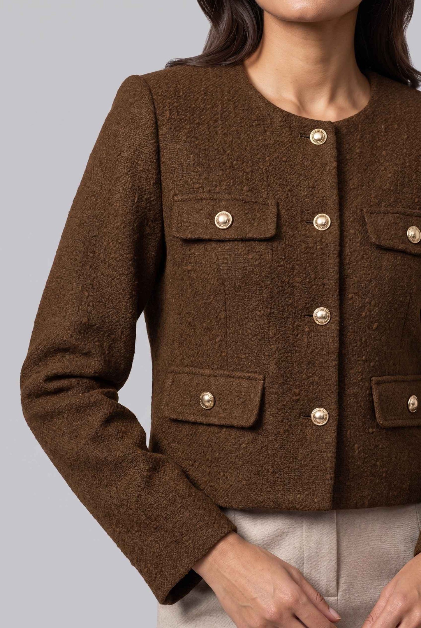 Virtual Model Wearing The Céline Embellished Blazer Collarless Gold Buttoned Brown Blazer