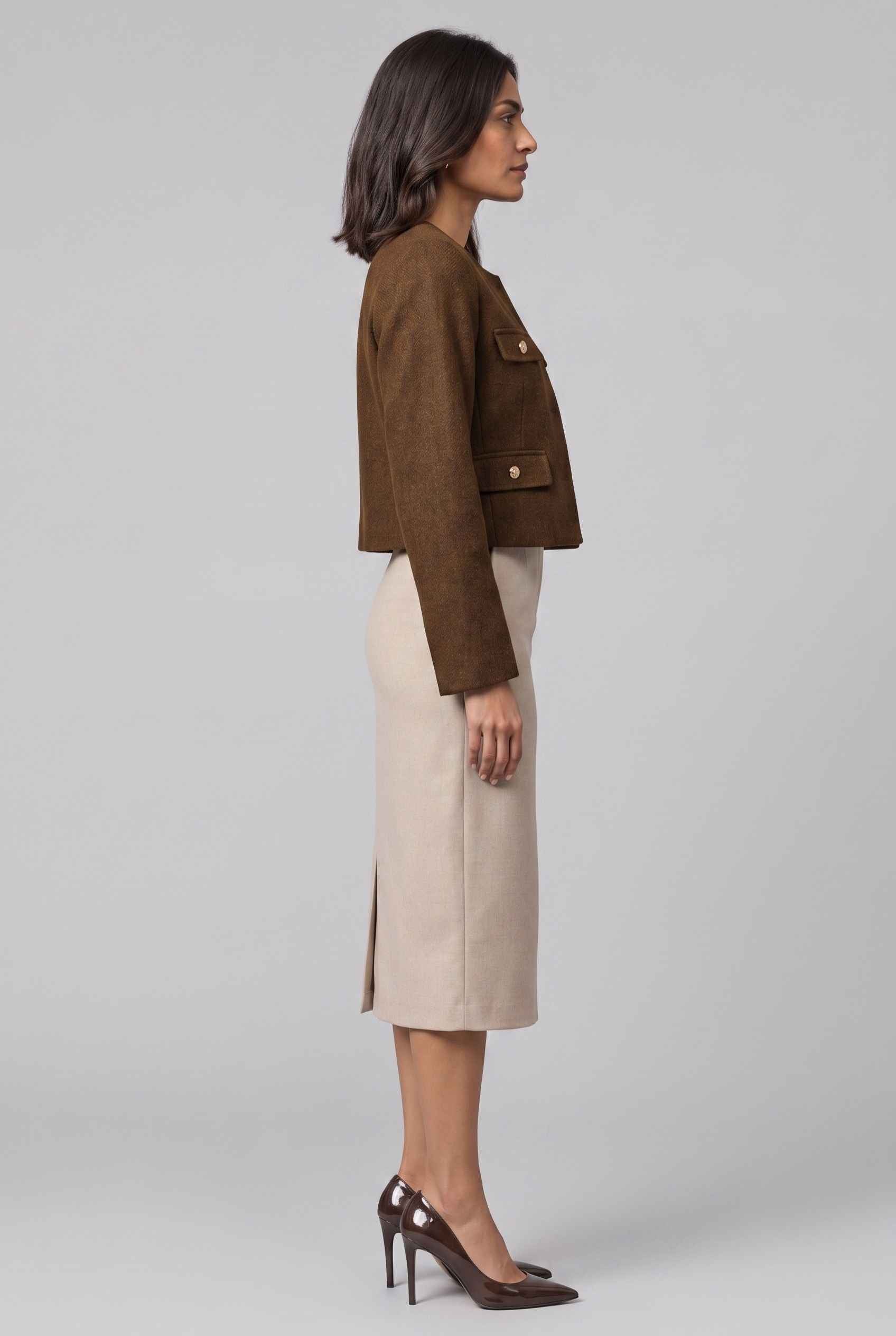 Virtual Model Wearing The Céline Embellished Blazer Collarless Gold Buttoned Brown Blazer