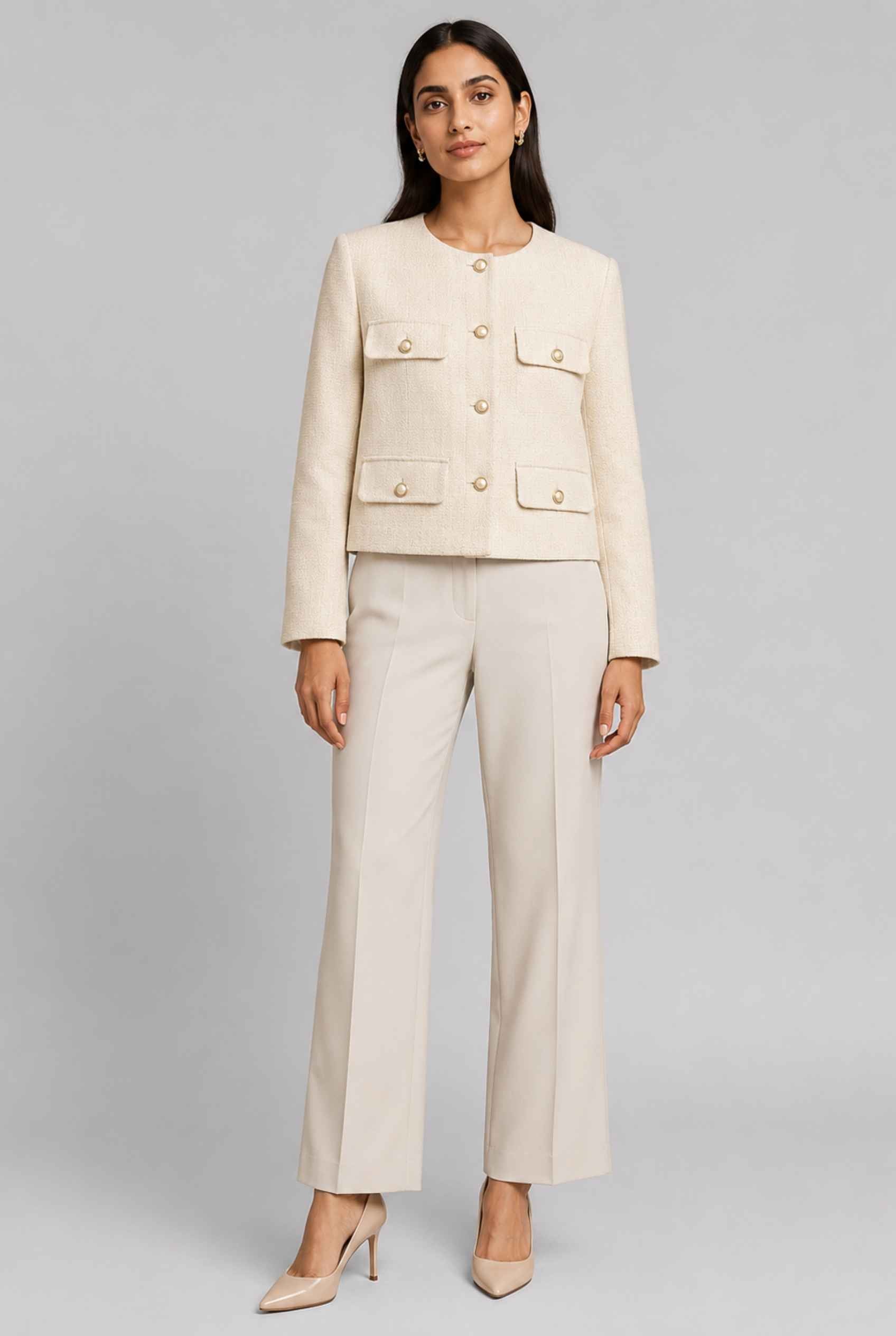 Virtual Model Wearing The Céline Embellished Blazer Collarless Gold Buttoned Cream Blazer