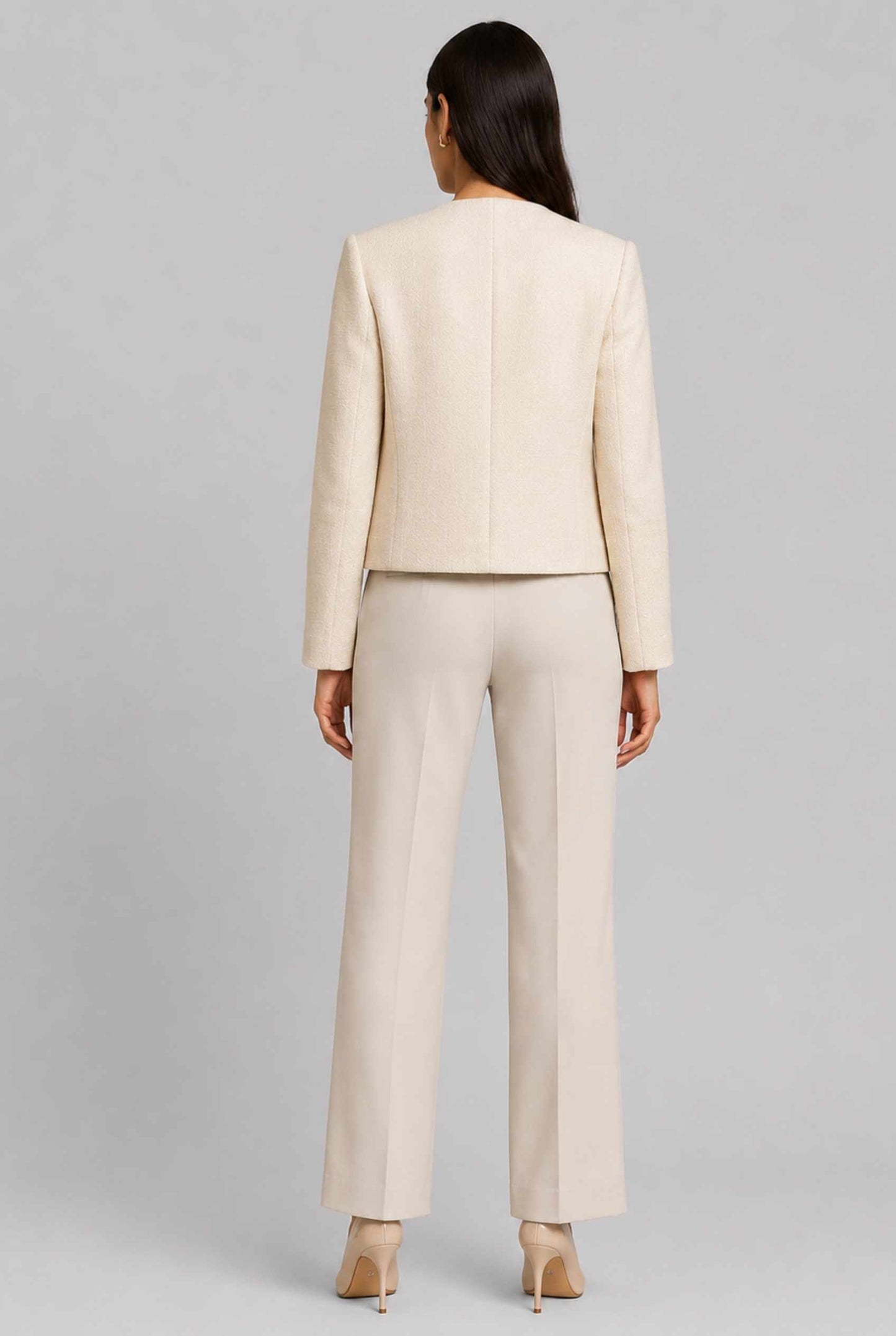 Virtual Model Wearing The Céline Embellished Blazer Collarless Gold Buttoned Cream Blazer