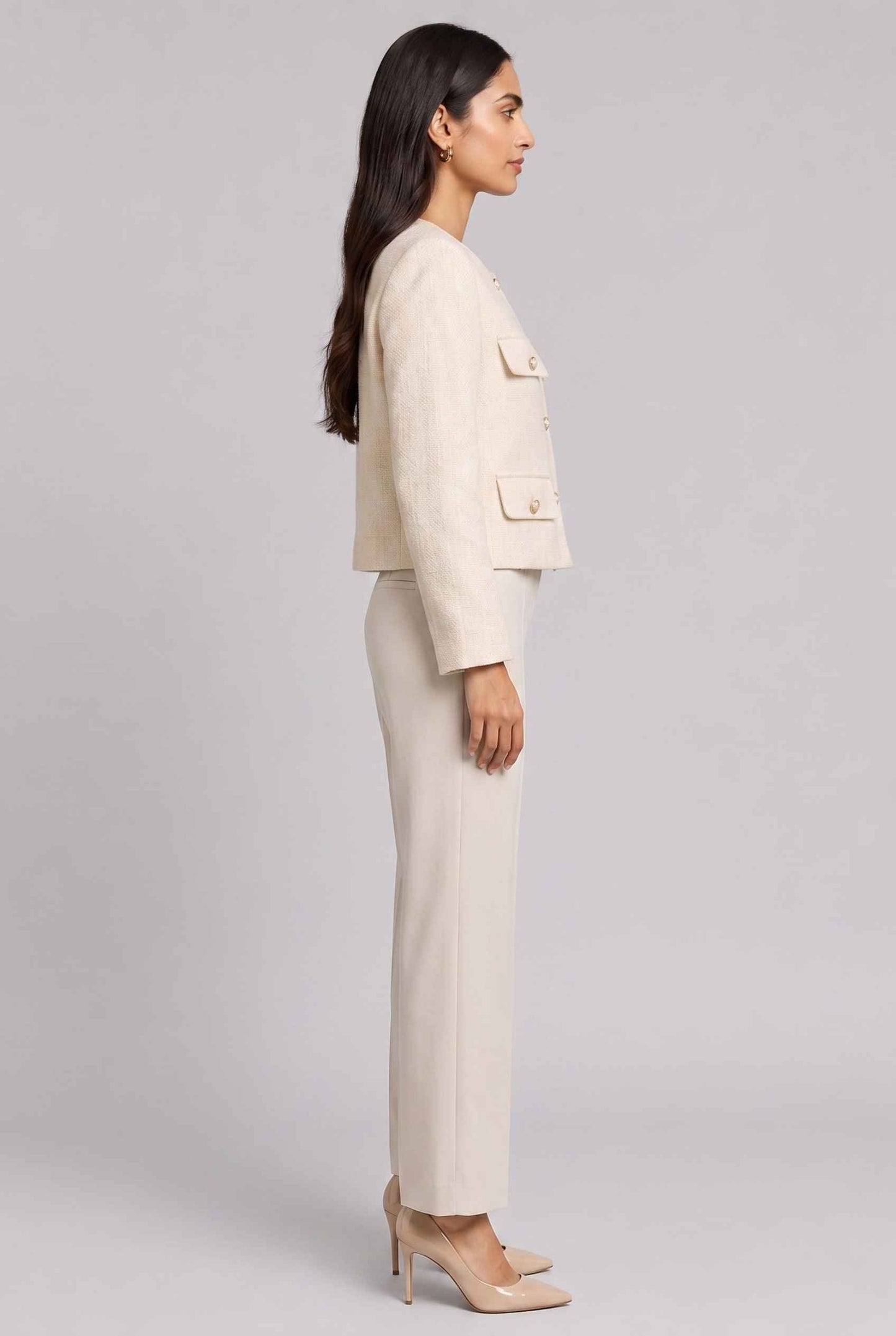 Virtual Model Wearing The Céline Embellished Blazer Collarless Gold Buttoned Cream Blazer