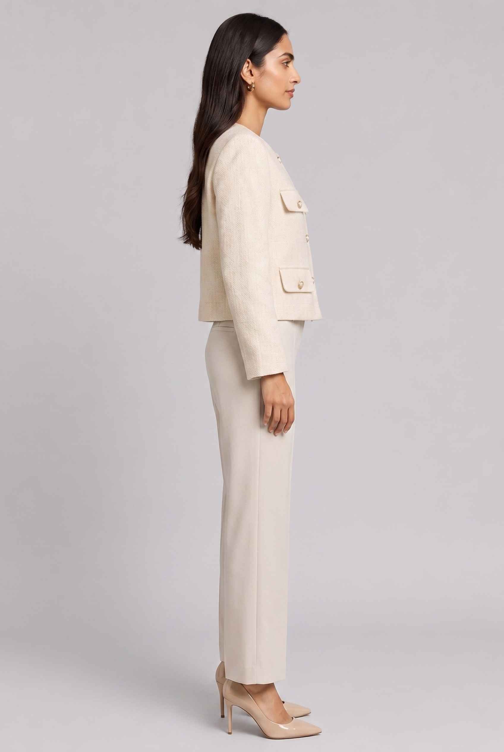 Virtual Model Wearing The Céline Embellished Blazer Collarless Gold Buttoned Cream Blazer