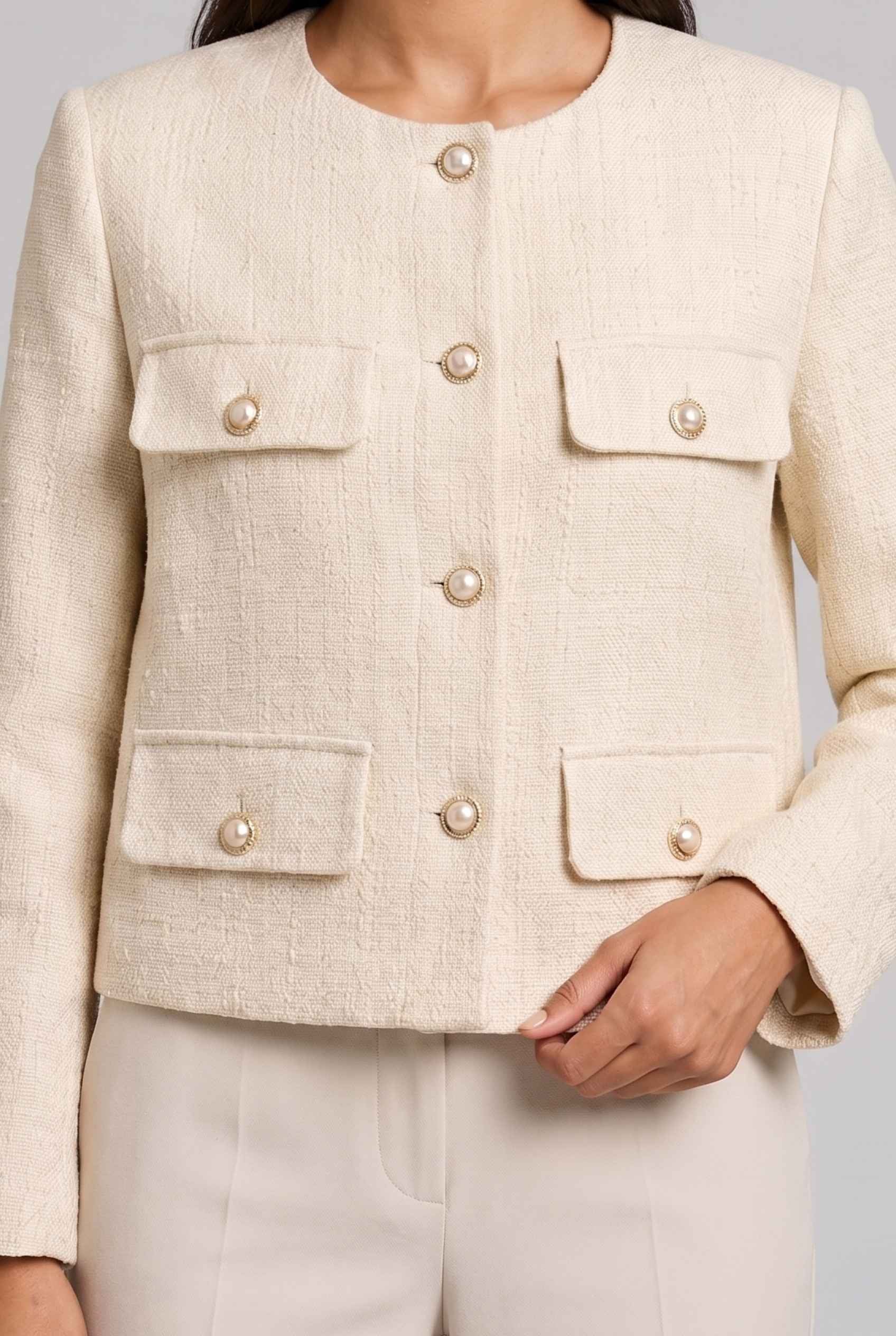 Virtual Model Wearing The Céline Embellished Blazer Collarless Gold Buttoned Cream Blazer