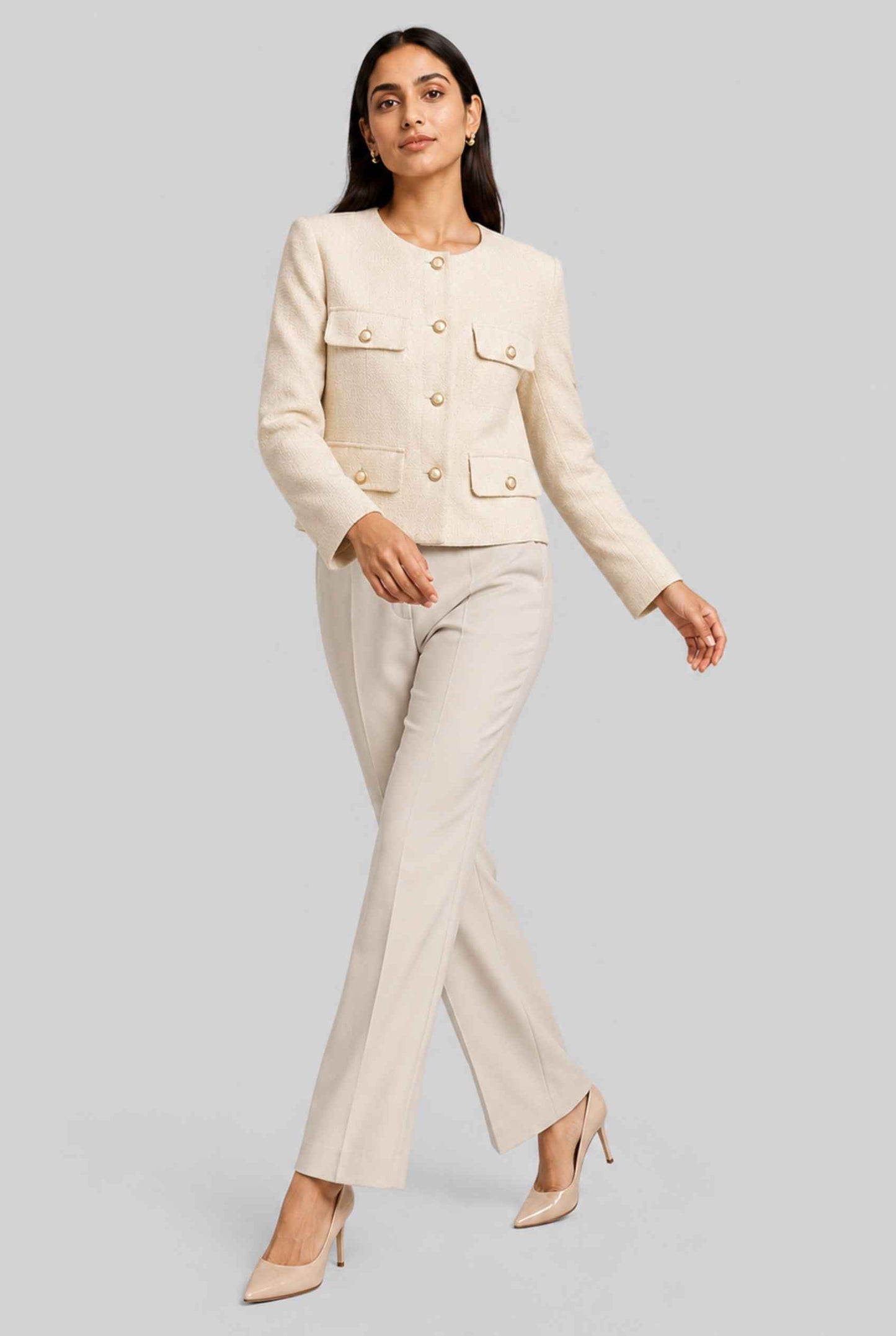 Virtual Model Wearing The Céline Embellished Blazer Collarless Gold Buttoned Cream Blazer