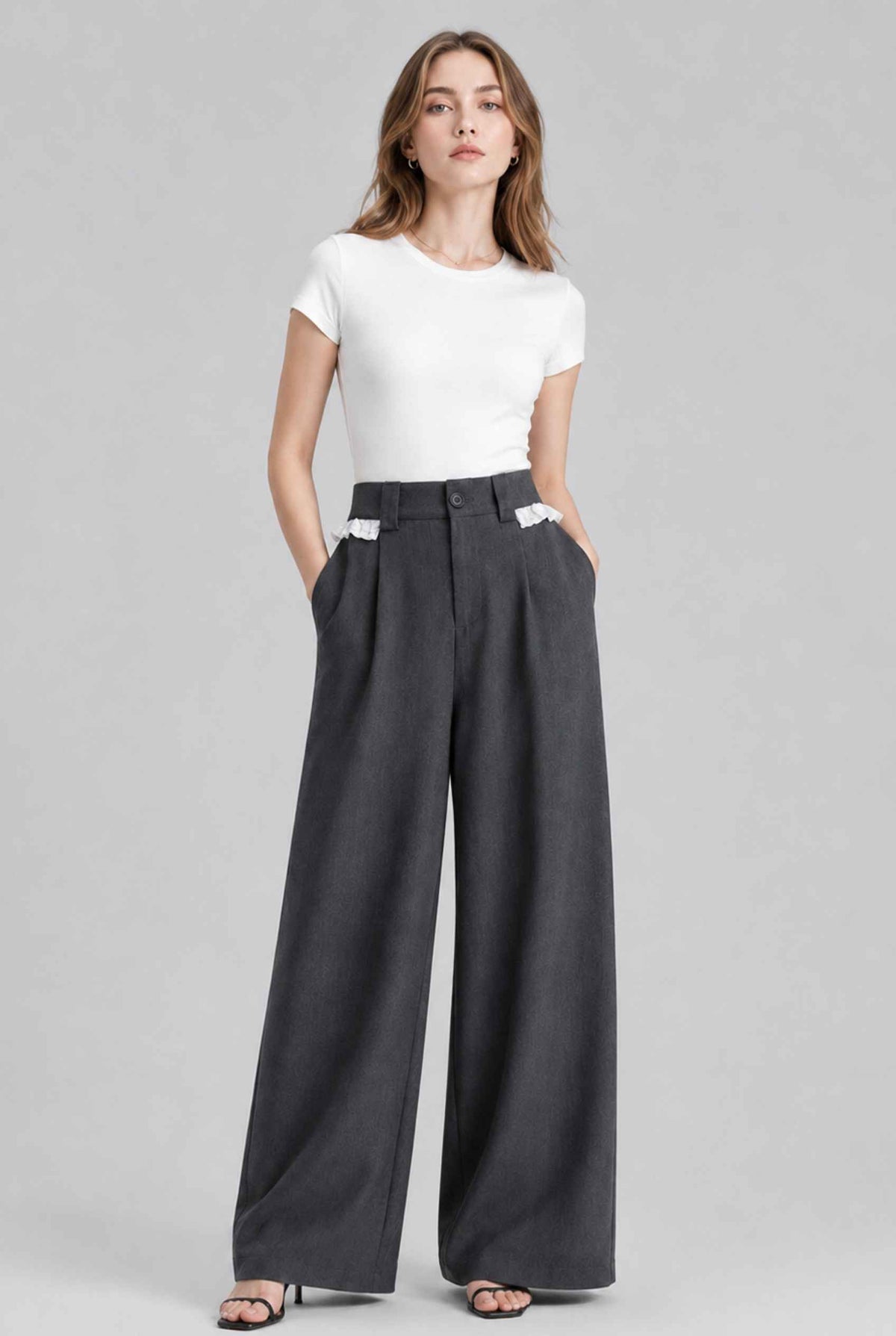 Virtual model wearing The Charlotte Lace Trouser | Lace-Trimmed Wide-Leg Trousers in Dark Gray