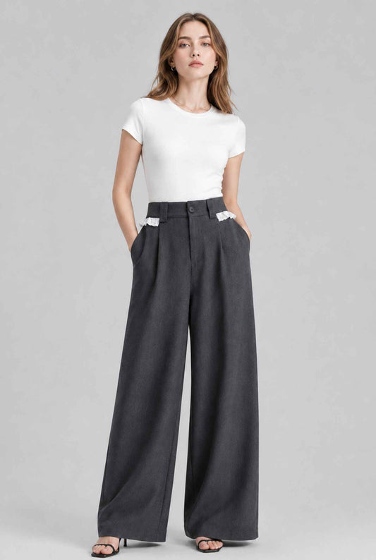 Virtual model wearing The Charlotte Lace Trouser | Lace-Trimmed Wide-Leg Trousers in Dark Gray