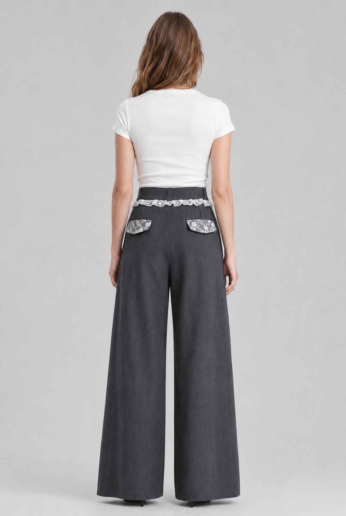 Virtual model wearing The Charlotte Lace Trouser | Lace-Trimmed Wide-Leg Trousers in Dark Gray