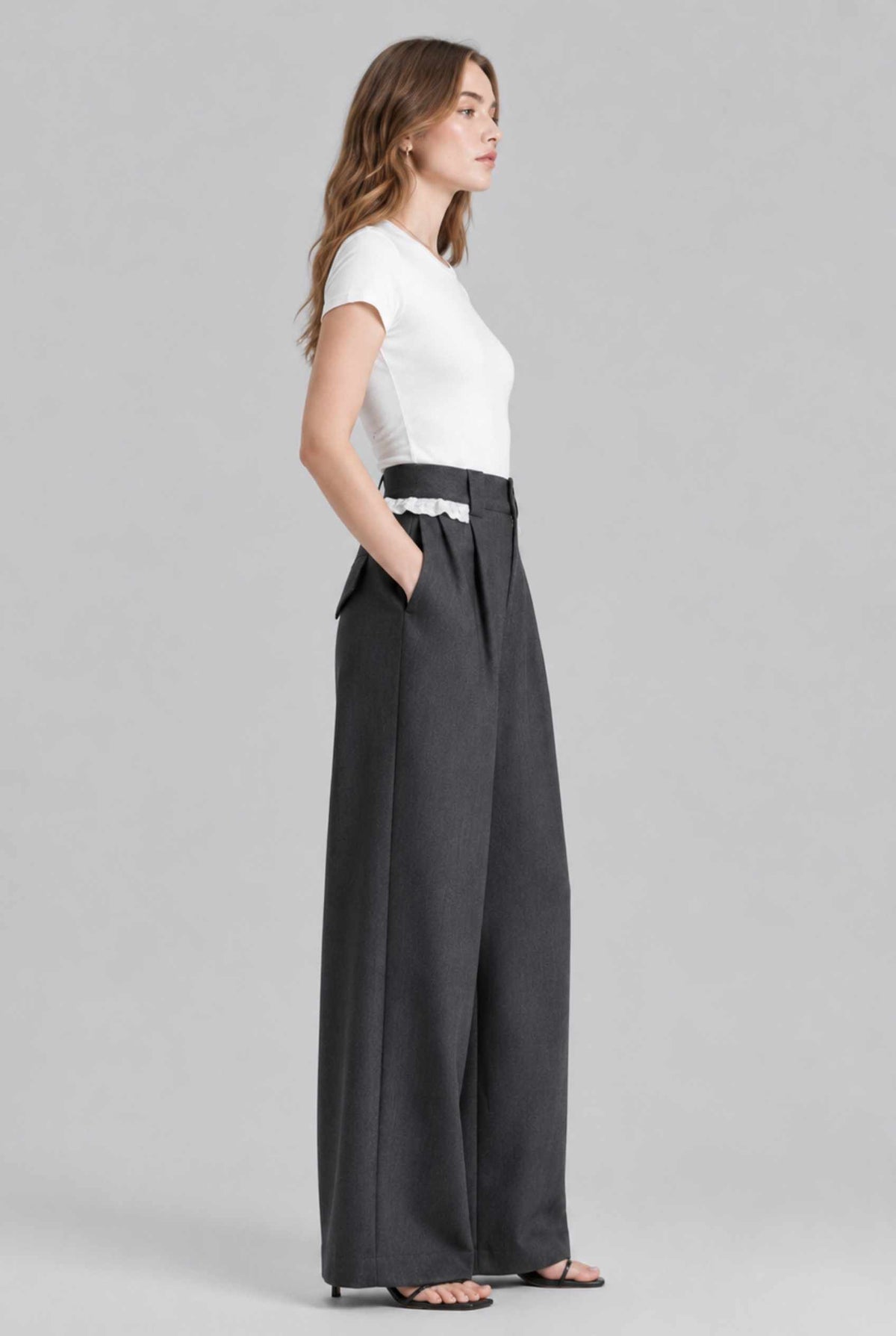 Virtual model wearing The Charlotte Lace Trouser | Lace-Trimmed Wide-Leg Trousers in Dark Gray