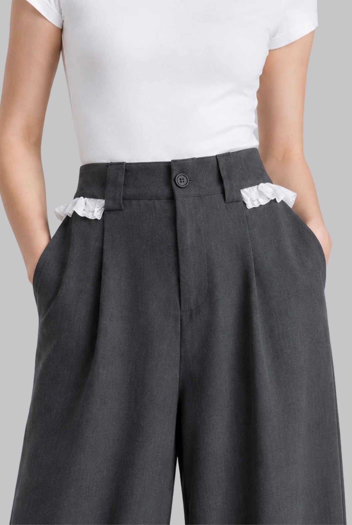 Virtual model wearing The Charlotte Lace Trouser | Lace-Trimmed Wide-Leg Trousers in Dark Gray