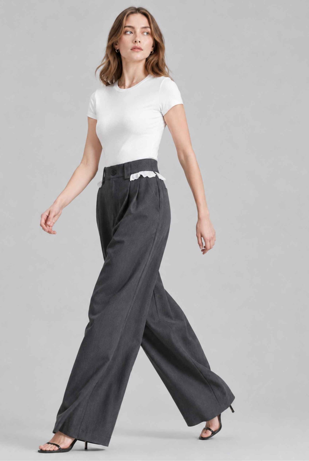 Virtual model wearing The Charlotte Lace Trouser | Lace-Trimmed Wide-Leg Trousers in Dark Gray