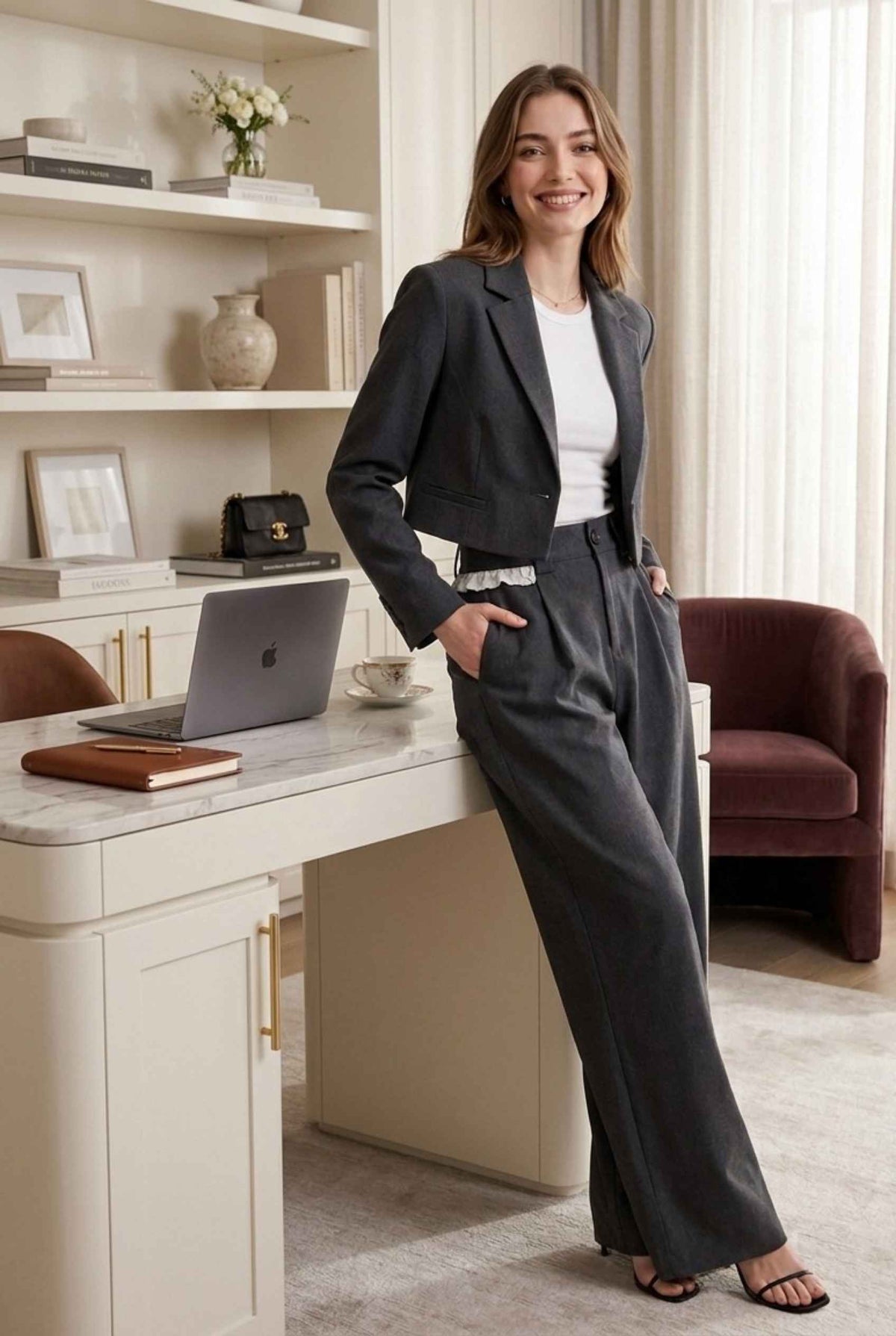 Virtual model wearing The Charlotte Lace Trouser | Lace-Trimmed Wide-Leg Trousers in Dark Gray