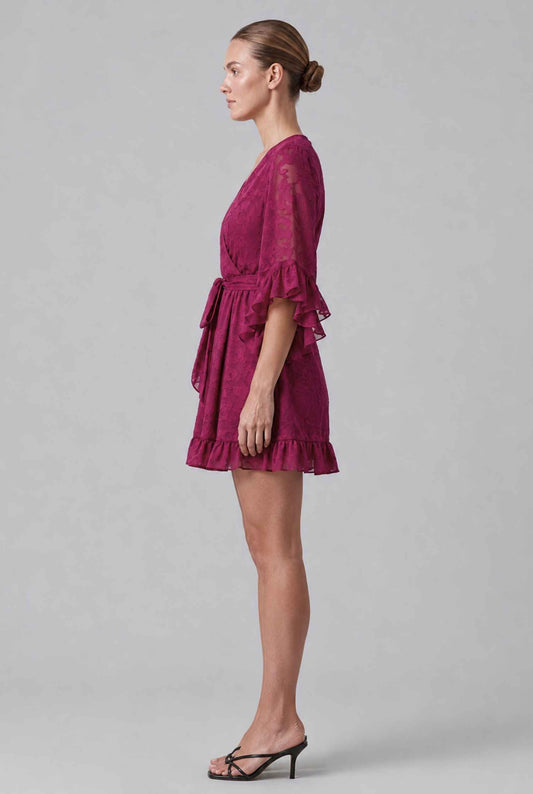Virtual model wearing The Cherise Devoré Wrap Dress Jacquard Floral Lace Mini Dress in Pink