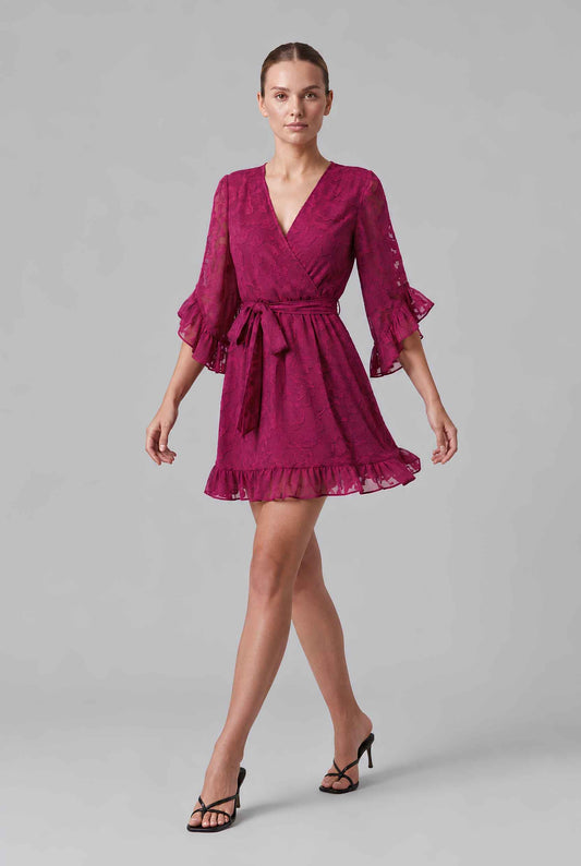 Virtual model wearing The Cherise Devoré Wrap Dress Jacquard Floral Lace Mini Dress in Pink