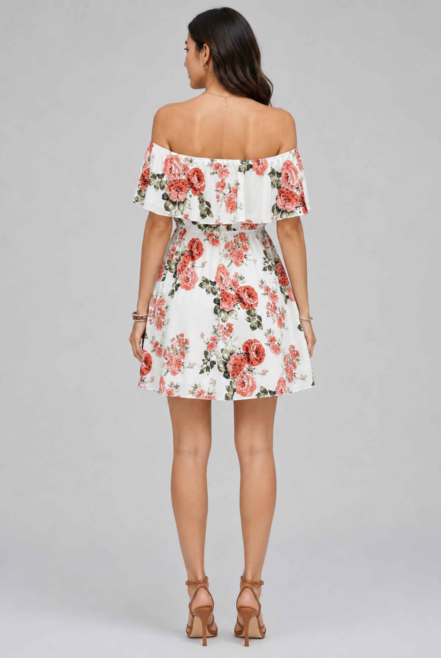 Virtual Model wearing The Chloe Off-Shoulder Mini Floral Ruffle Coral Mini Dress