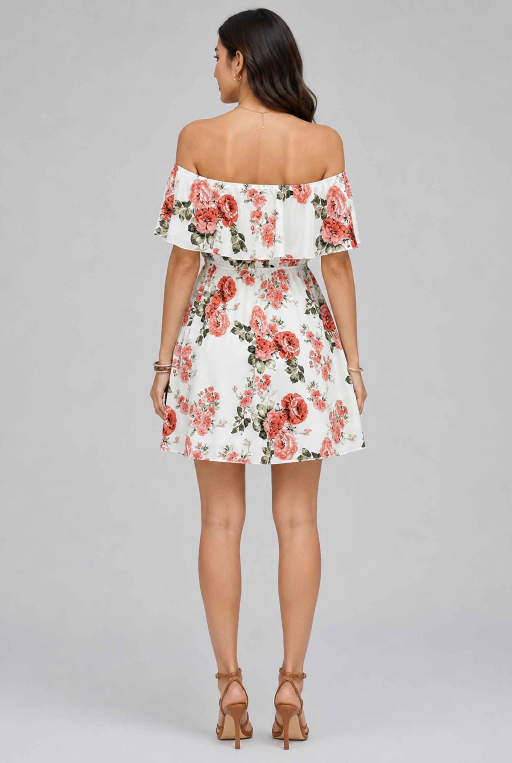 Virtual Model wearing The Chloe Off-Shoulder Mini Floral Ruffle Coral Mini Dress