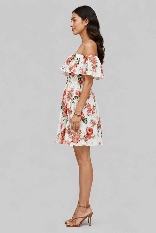 Virtual Model wearing The Chloe Off-Shoulder Mini Floral Ruffle Coral Mini Dress