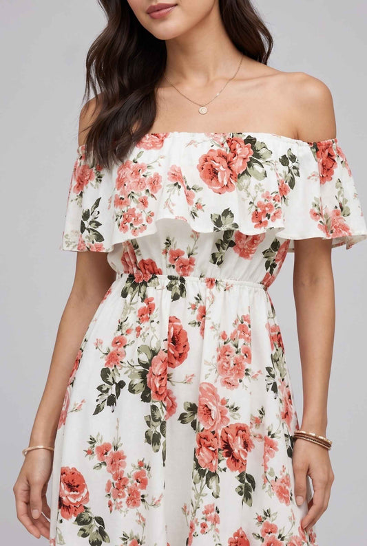 Virtual Model wearing The Chloe Off-Shoulder Mini Floral Ruffle Coral Mini Dress