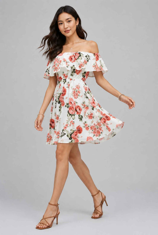 Virtual Model wearing The Chloe Off-Shoulder Mini Floral Ruffle Coral Mini Dress