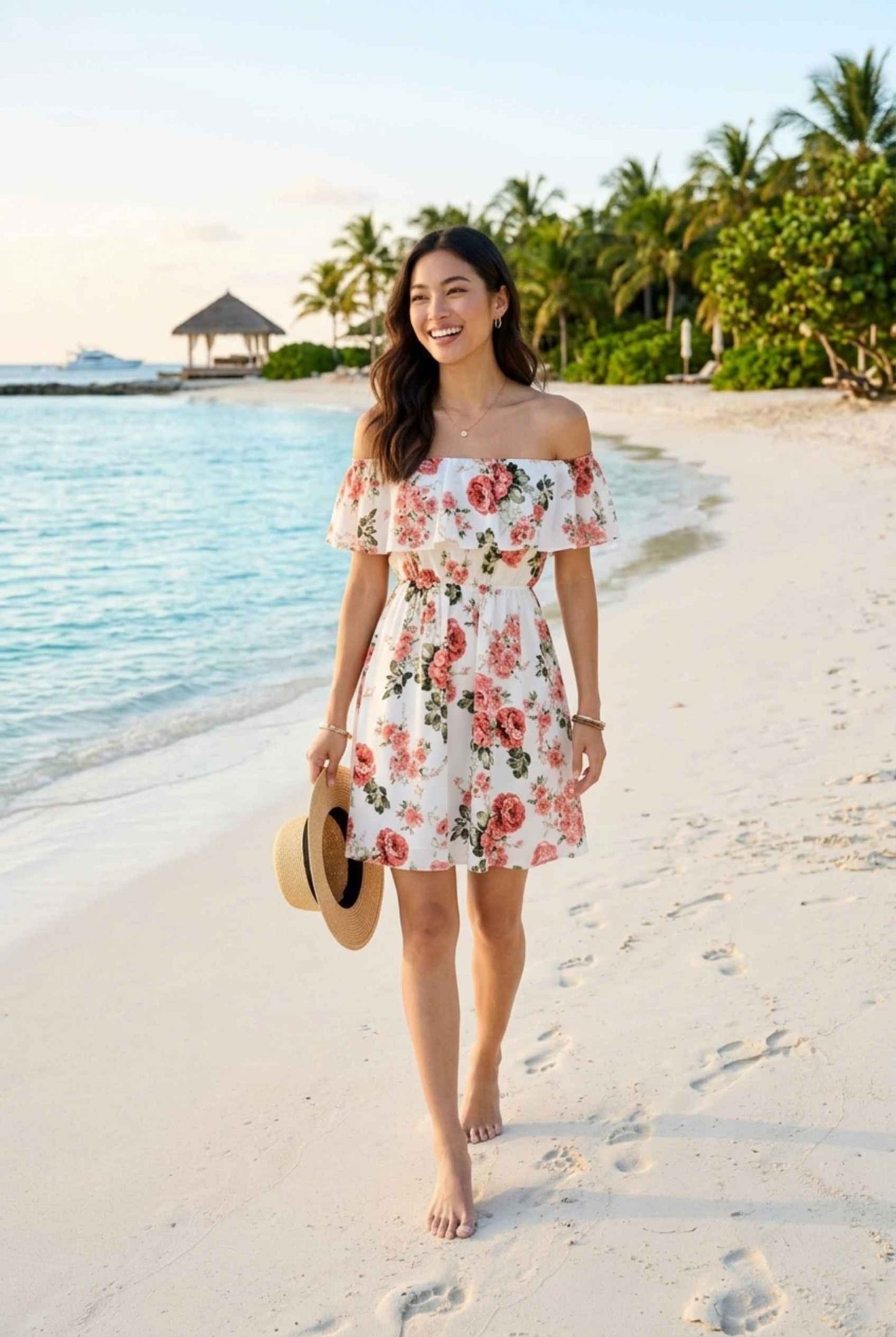 Virtual Model wearing The Chloe Off-Shoulder Mini Floral Ruffle Coral Mini Dress