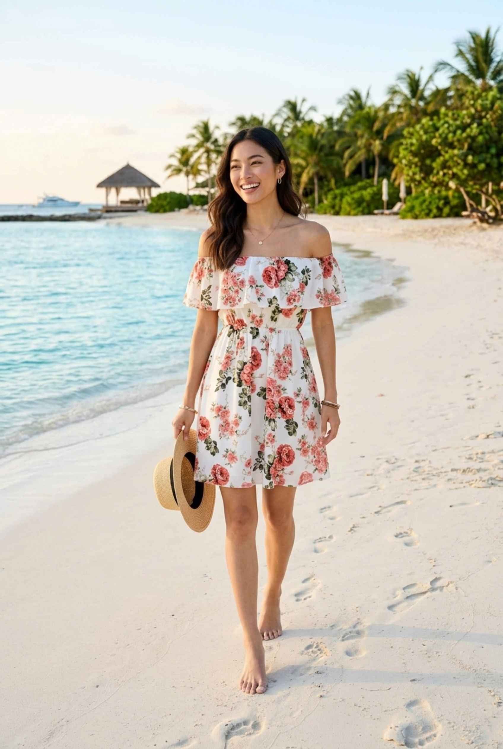 Virtual Model wearing The Chloe Off-Shoulder Mini Floral Ruffle Coral Mini Dress