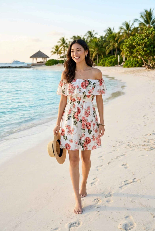 Virtual Model wearing The Chloe Off-Shoulder Mini Floral Ruffle Coral Mini Dress