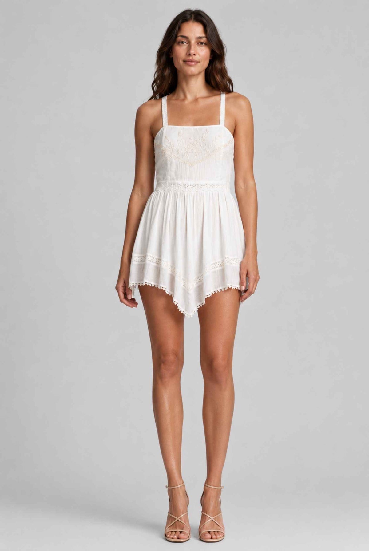 Virtual model wearing The Clara Embroidered Mini White Lace Handkerchief Mini Dress
