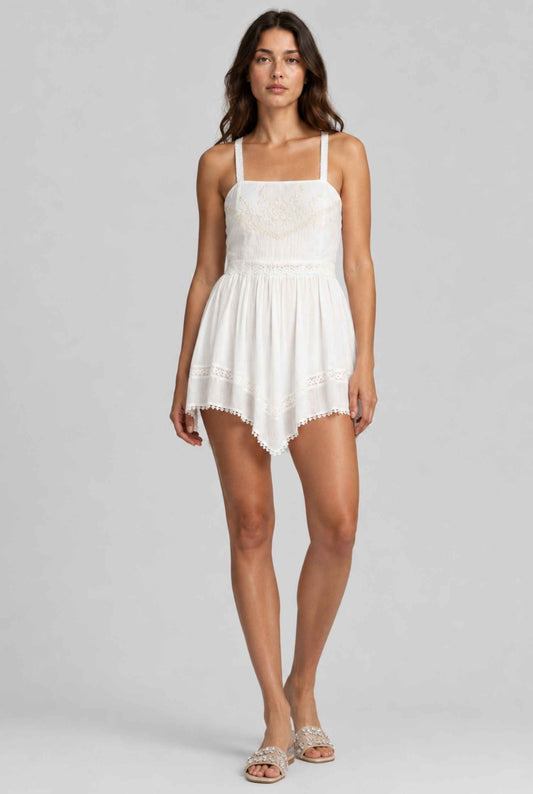 Virtual Model wearing The Clara Embroidered Mini White Lace Handkerchief Mini Dress