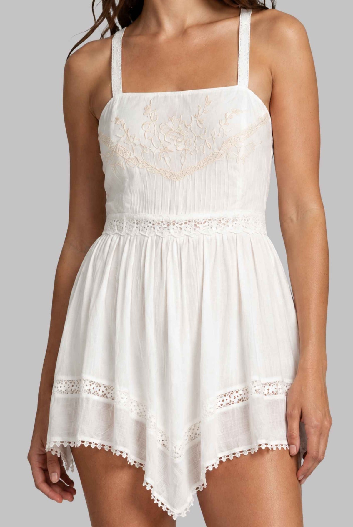 Virtual model wearing The Clara Embroidered Mini White Lace Handkerchief Mini Dress